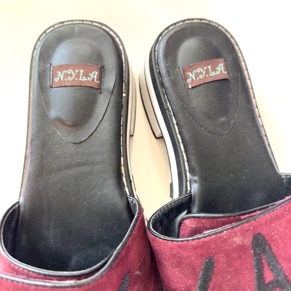 N.Y.L.A. Sandals Sunlily Women's Size 7 Burgundy Mules Chunky Platform Heel - Picture 3 of 7